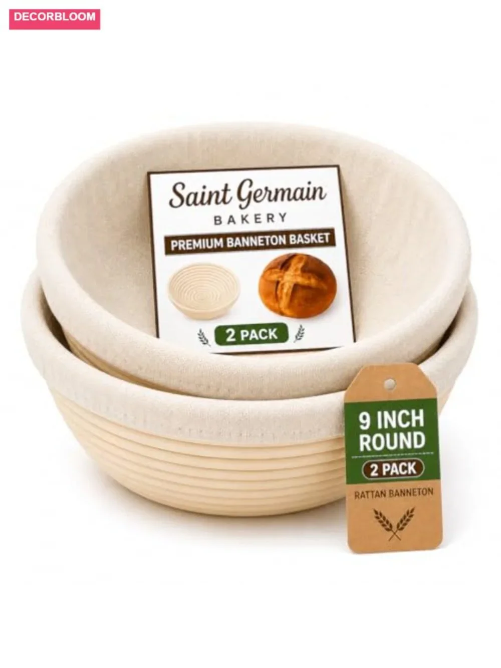 Rattan Bread Proofing Baskets with Liners, Set of 2, 9 Inch Round